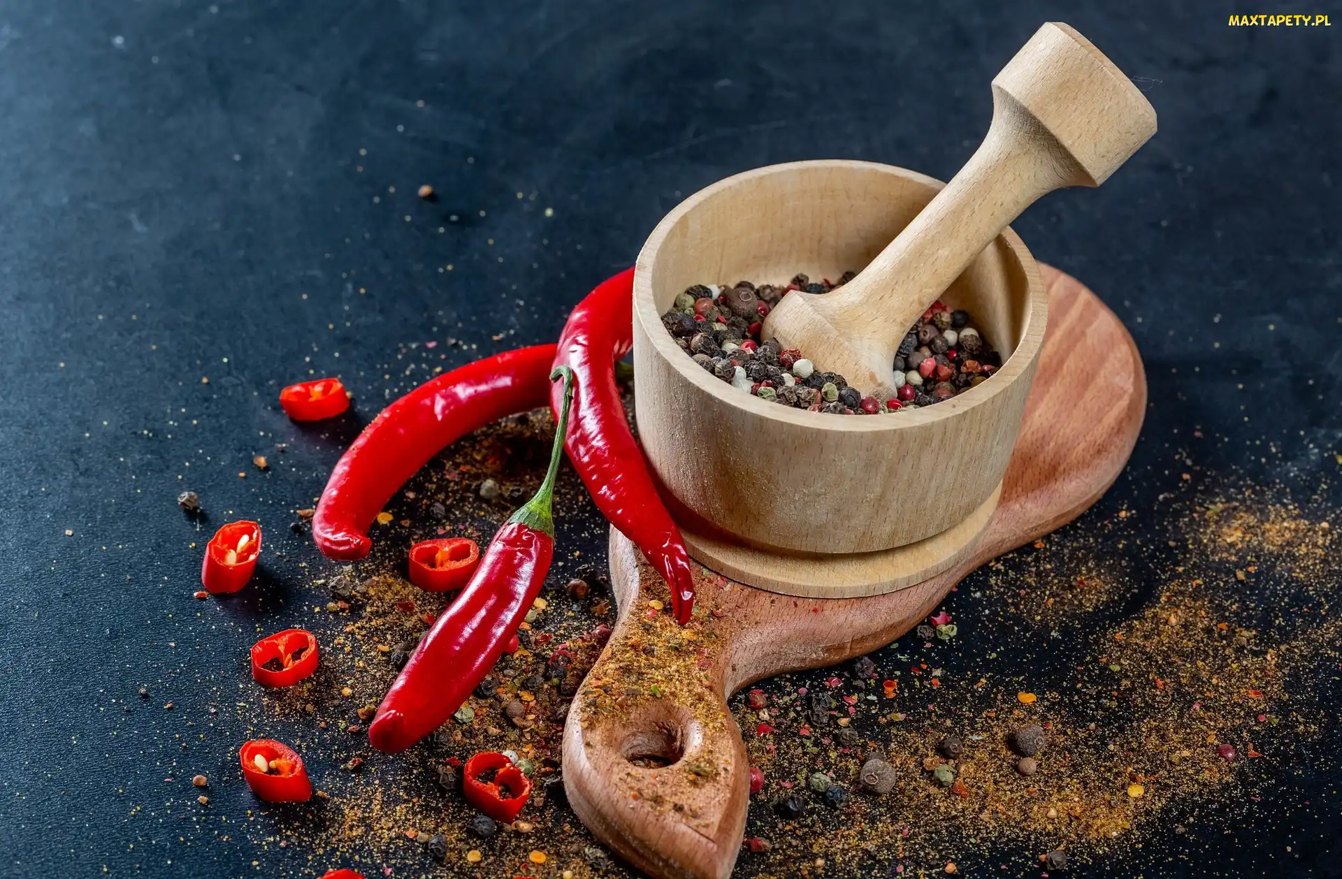 Pieprz, Moździerz, Drewniany, Papryka chili, Przyprawy