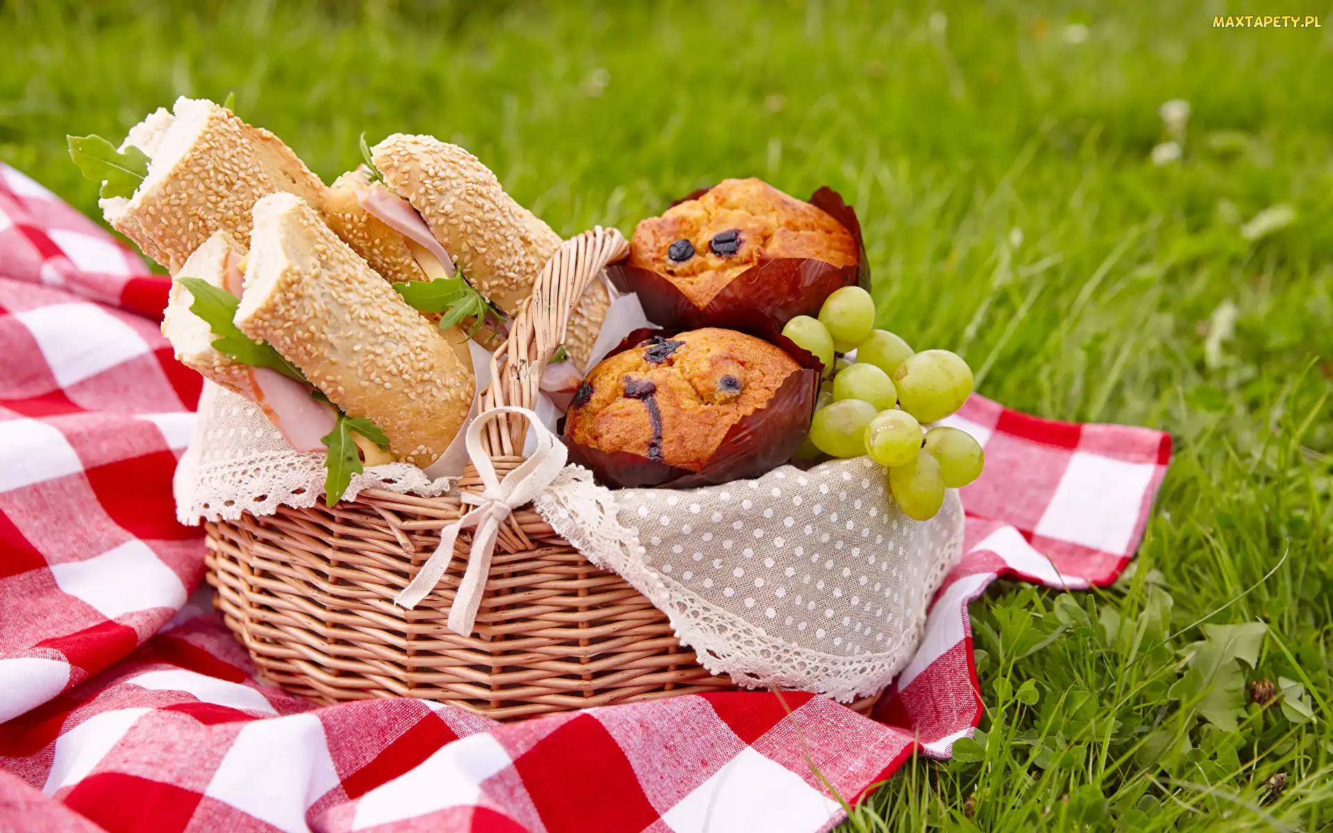 Piknik, Kanapki, Kosz, Muffinki, Chleb, Wiklinowy, Łąka, Trawa, Koc