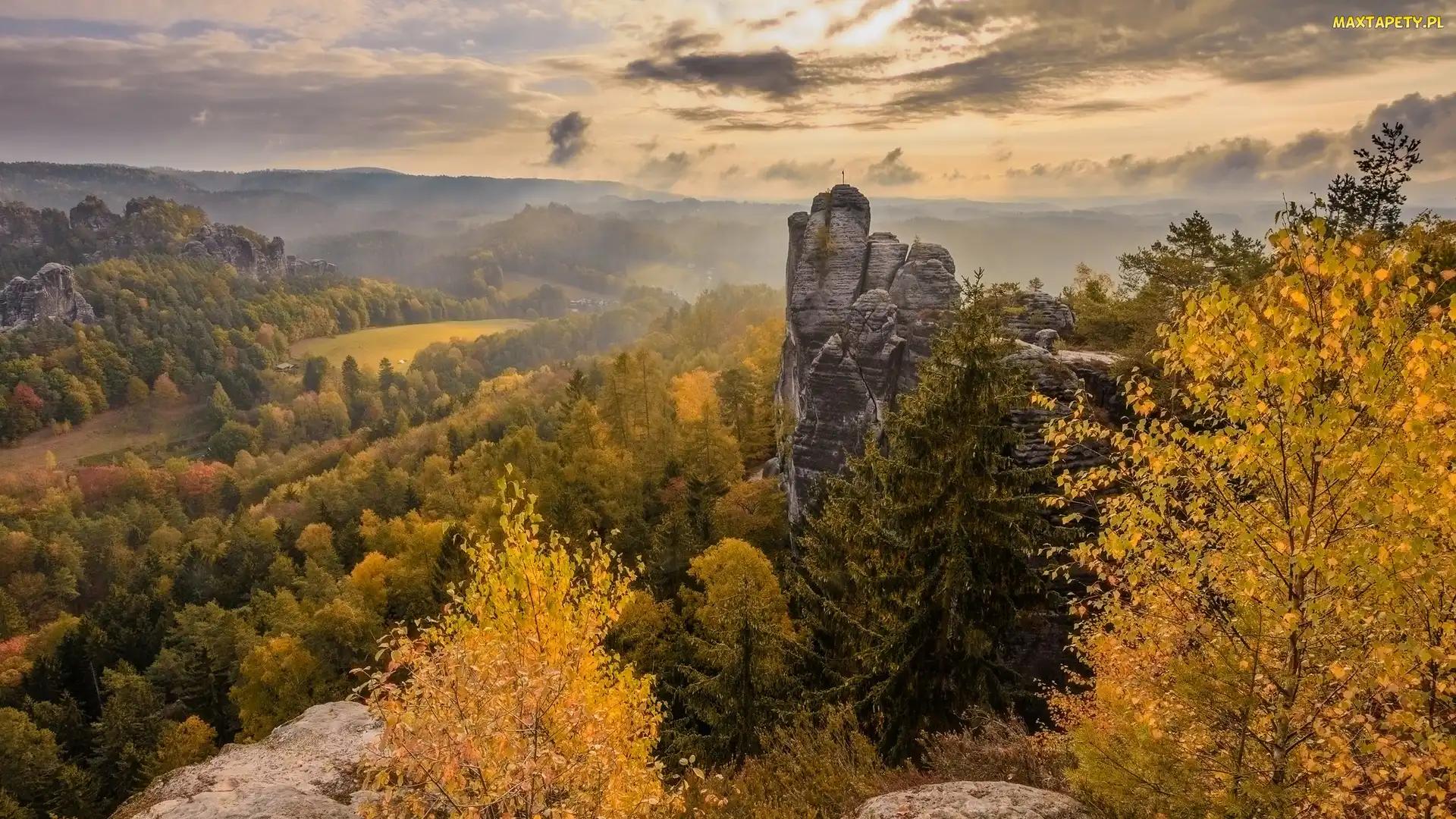Jesień, Park Narodowy Saskiej Szwajcarii, Niemcy, Drzewa, Góry Połabskie, Skały