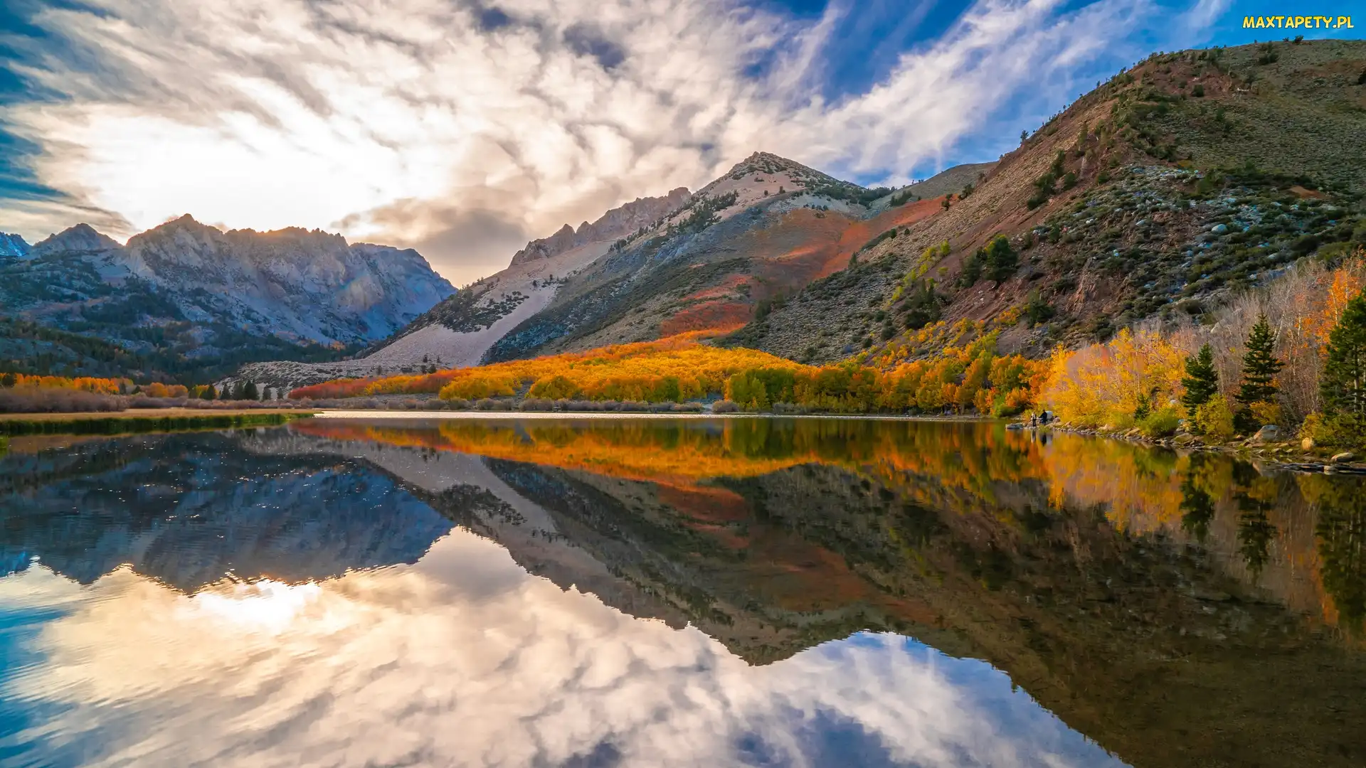Stany Zjednoczone, North Lake, Wschód słońca, Jesień, Jezioro, Drzewa, Kalifornia, Eastern Sierra, Góry