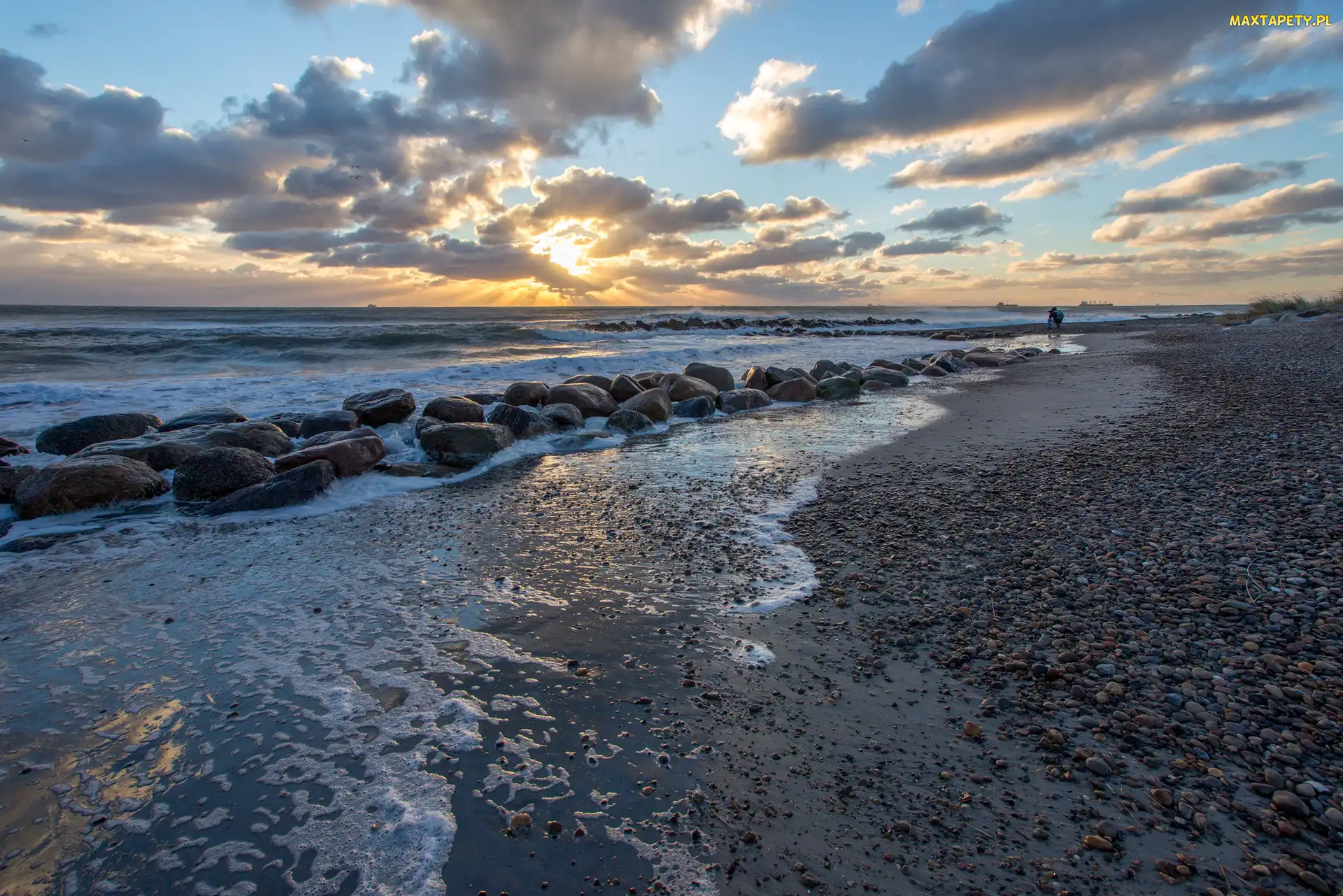Morze, Wschód słońca, Plaża, Kamienie, Brzeg
