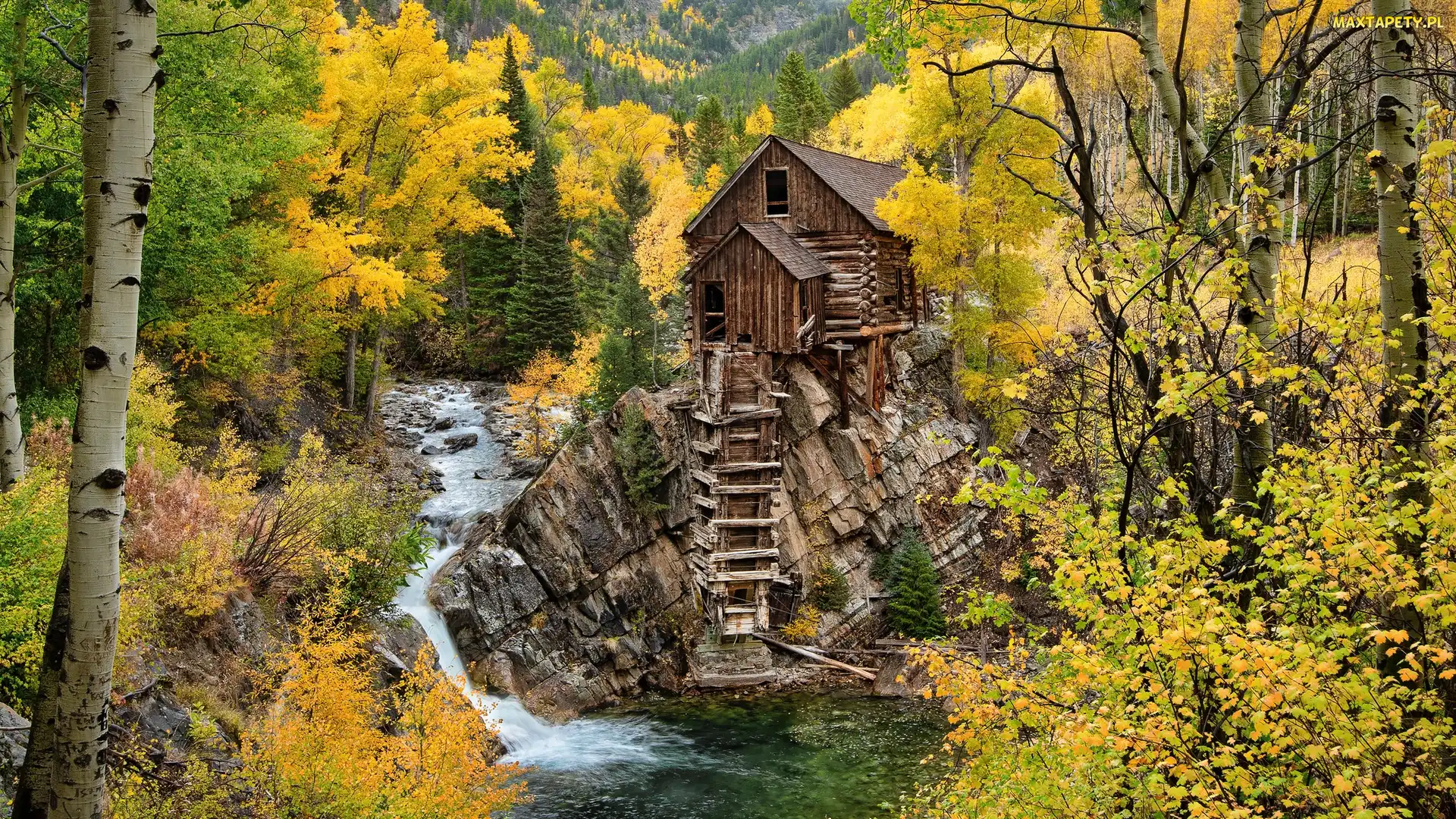 Stany Zjednoczone, Drzewa, Skały, Kolorado, Crystal Mill, Młyn, Rzeka, Crystal River, Drewniany, Jesień