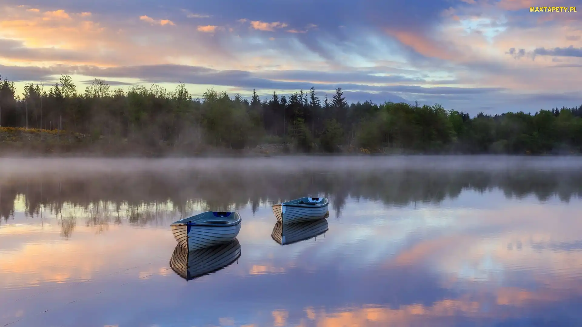 Szkocja, Mgła, Las, Wschód słońca, Drzewa, Łódki, Hrabstwo Perthshire, Jezioro Loch Rusky, Dwie