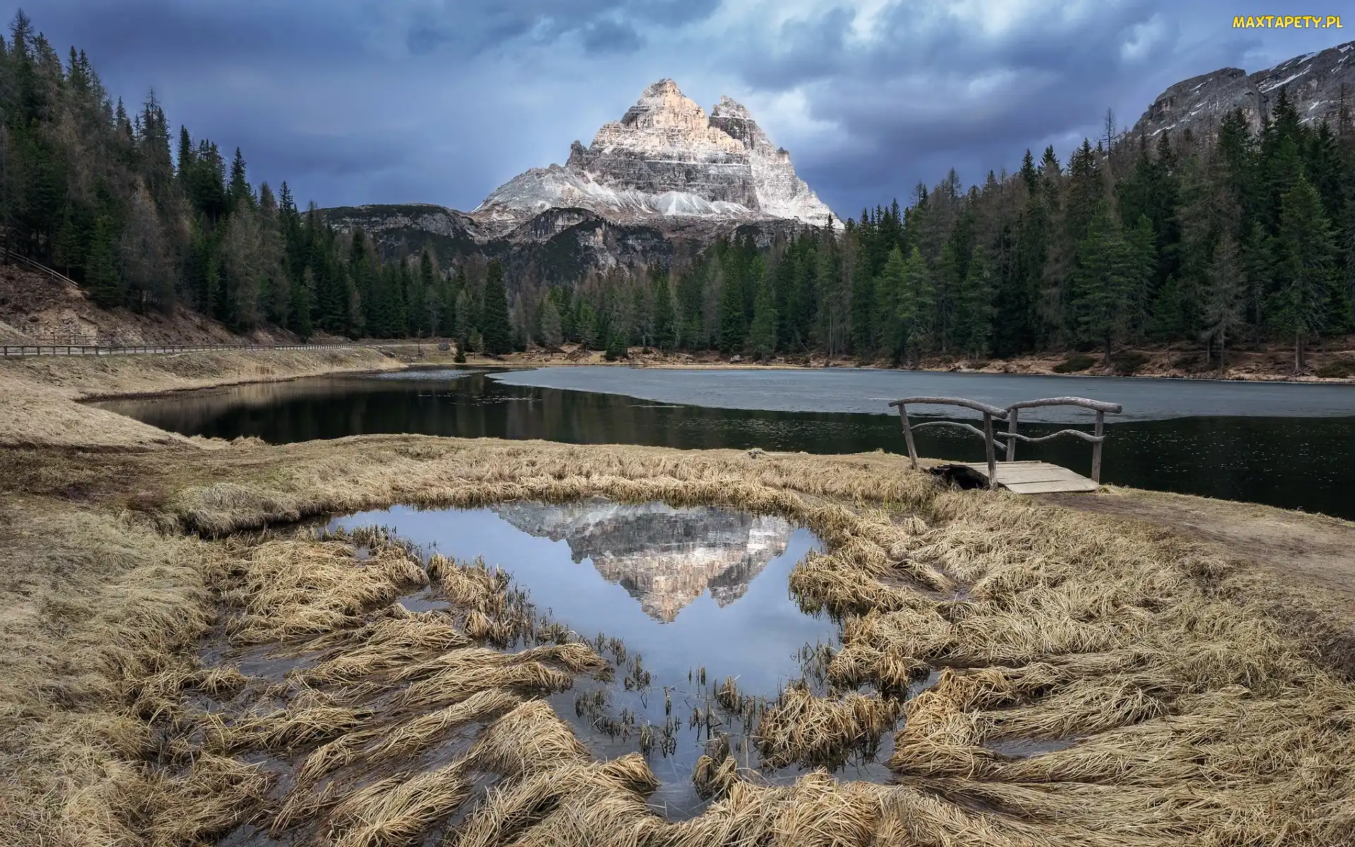 Mostek, Tre Cime di Lavaredo, Masyw, Drzewa, Jezioro, Prowincja Belluno, Antorno Lake, Góry, Włochy, Dolomity