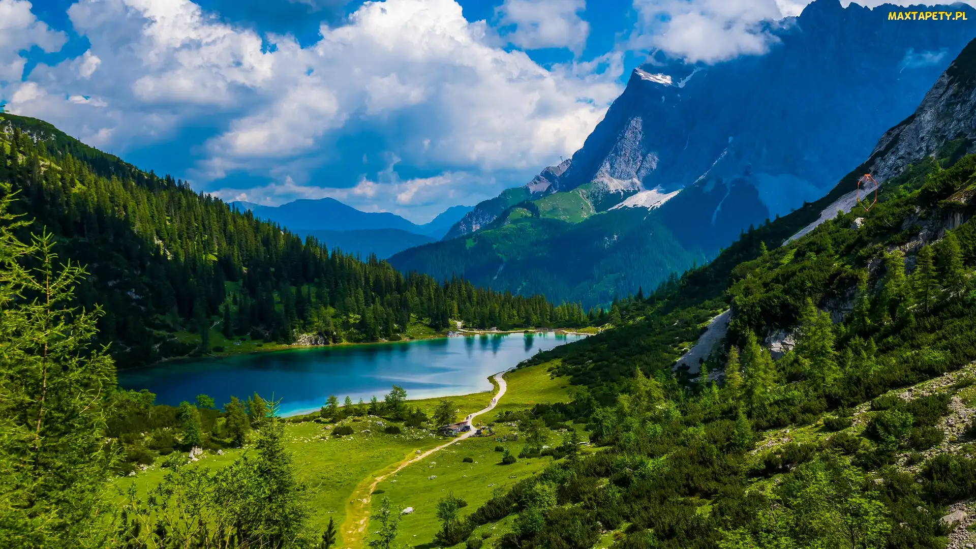 Las, Seebensee, Tyrol, Chmury, Jezioro, Austria, Góry
