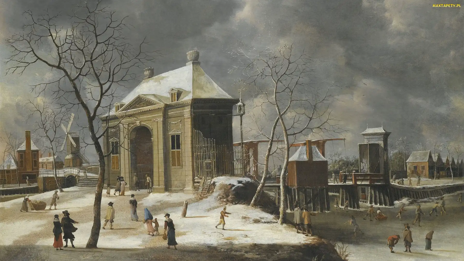 Jan Abrahamsz Beerstraaten, Amsterdam, Obraz, Malarstwo, Łyżwy, Rzeka, Brama, Ludzie, Zima