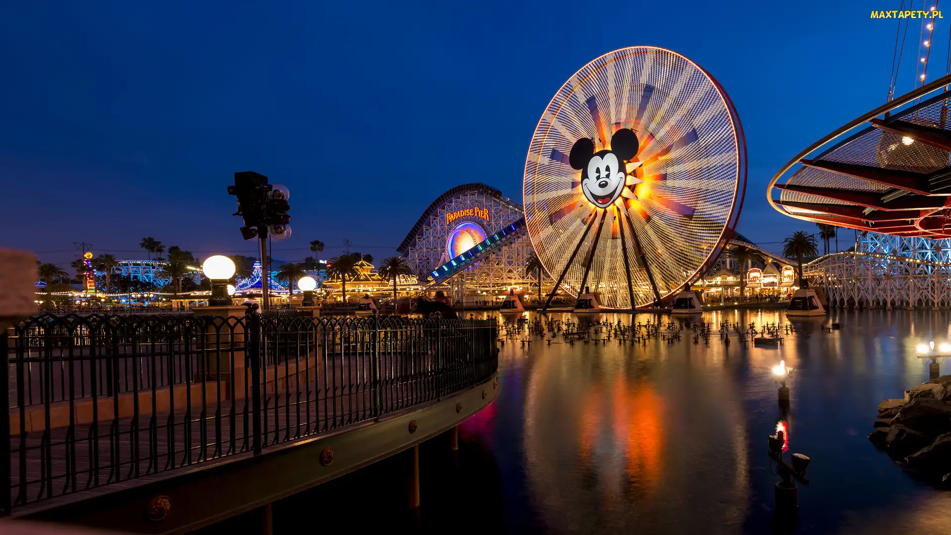 Stany Zjednoczone, Rzeka, Karuzele, Noc, Diabelski młyn, Disney California Adventure Park, Kalifornia, Anaheim, Park rozrywki