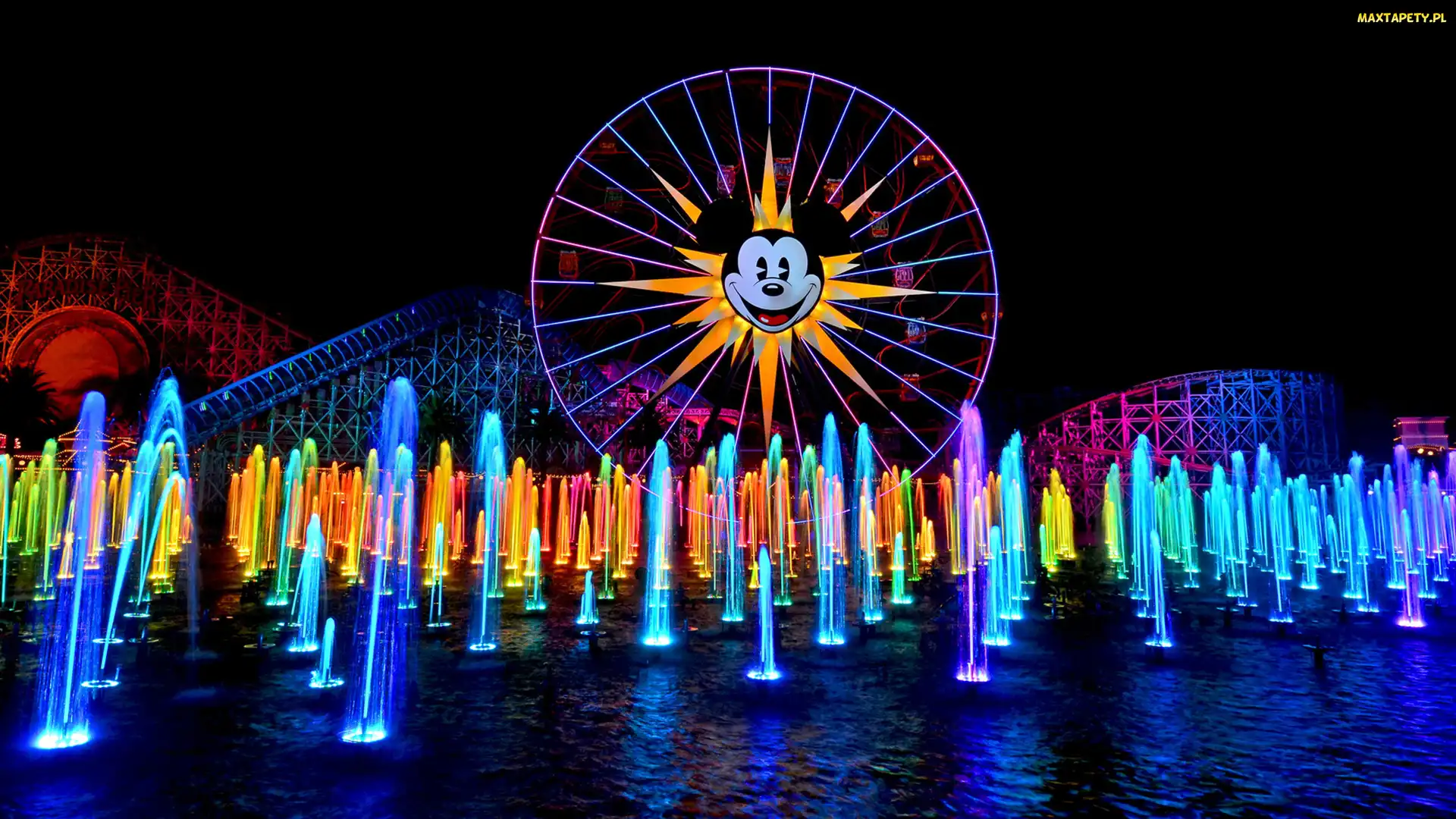 Fontanna, Diabelski młyn, Kalifornia, Noc, Disneyland, Stany Zjednoczone, Anaheim