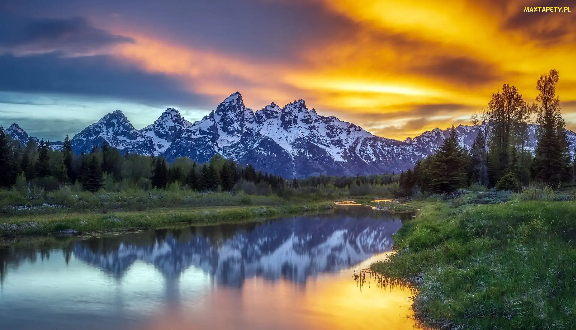 Stany Zjednoczone, Drzewa, Jezioro, Zachód słońca, Las, Teton Range, Stan Wyoming, Park Narodowy Grand Teton, Góry