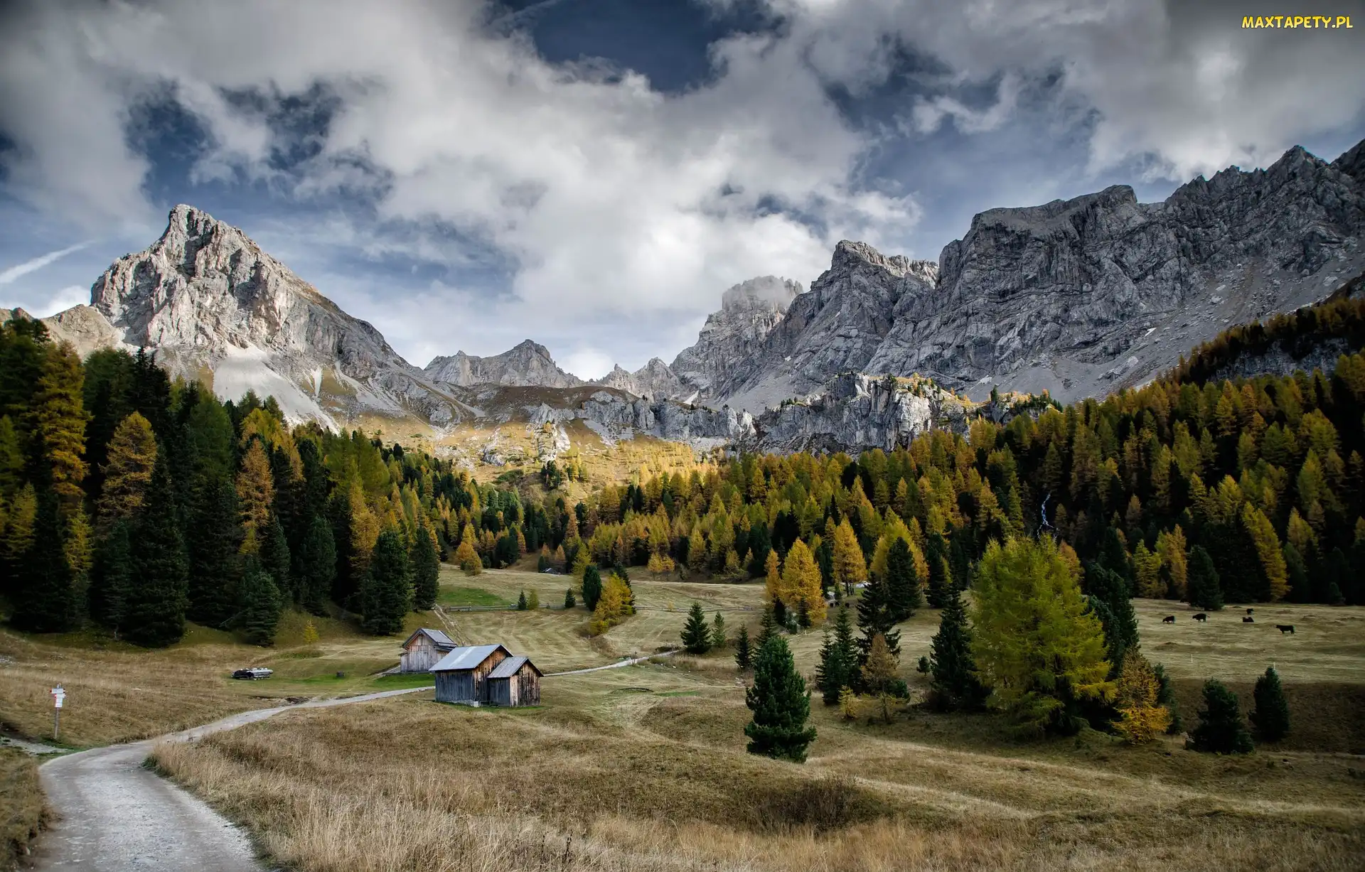 Domki, Ścieżka, Góry, Drzewa, Chmury, Włochy, Dolomity, Pozza di Fassa, Łąki, Dolina Fassa, Val di Fassa