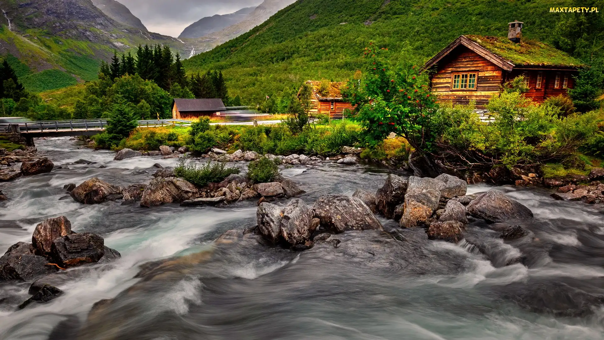 Góry, Gmina Rauma, Kamienie, Norwegia, Trollstigen, Rzeka Rauma, Drewniane, Domy, Most