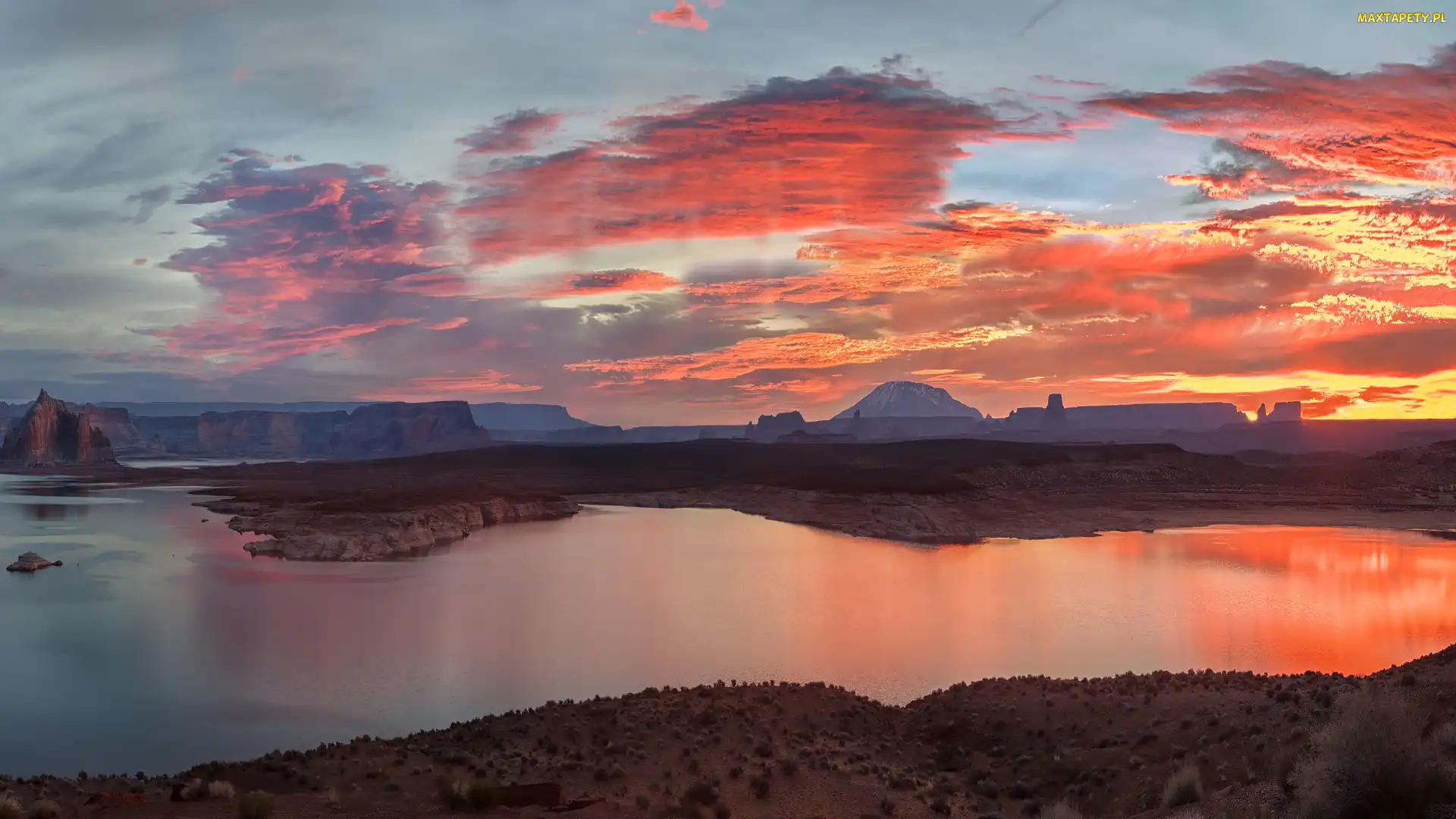 Lake Powell, Skały, Jezioro, Glen Canyon, Arizona, Kanion, Stany Zjednoczone, Wschód słońca