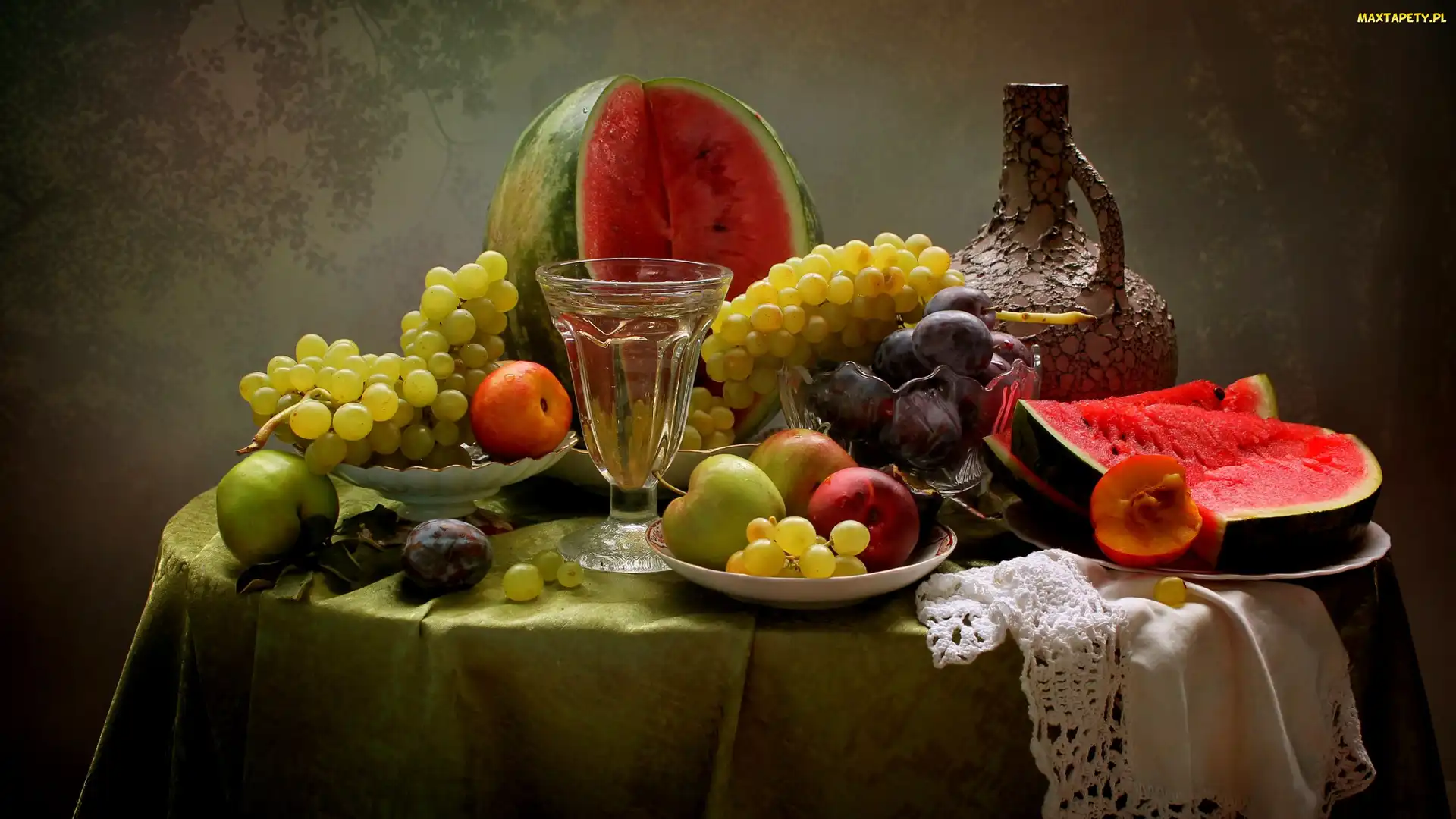 Lato, Nektarynki, Owoce, Stół, Śliwki, Winogrona, Wino, Jabłka, Arbuz