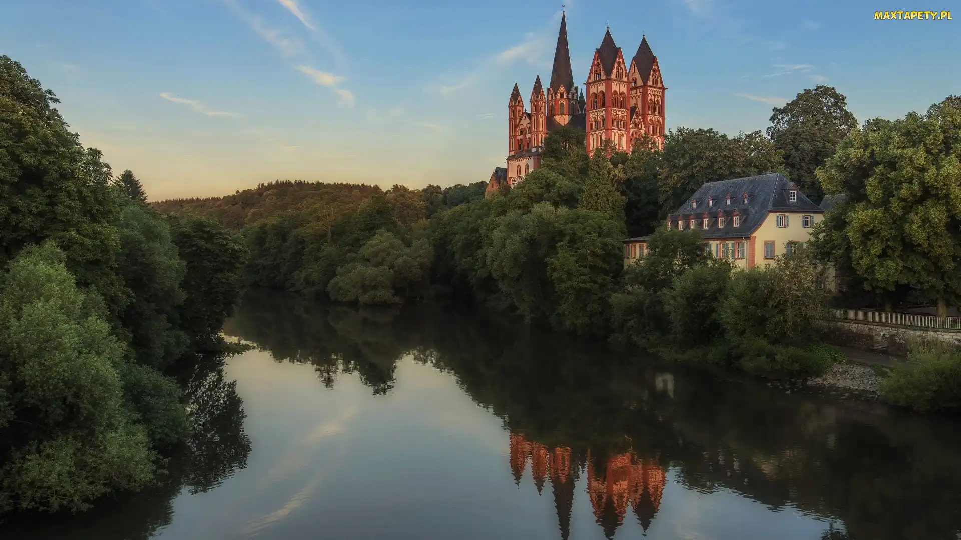 Niemcy Kościół, Limburg, Drzewa, Rzeka Lahn, Dom, Katedra Świętych Jerzego i Mikołaja