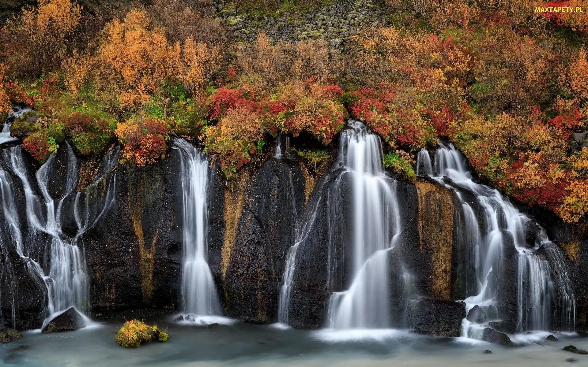 Skały, Islandia, Roślinność, Wodospad Hraunfossar, Jesień