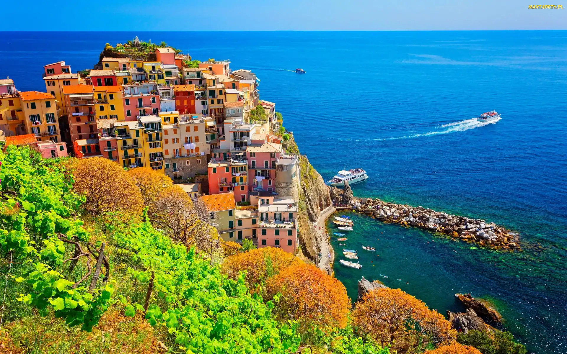 Włochy, Drzewa, Kolorowe, Statki, Domy, Morze Liguryjskie, Gmina Riomaggiore, Manarola, Wybrzeże