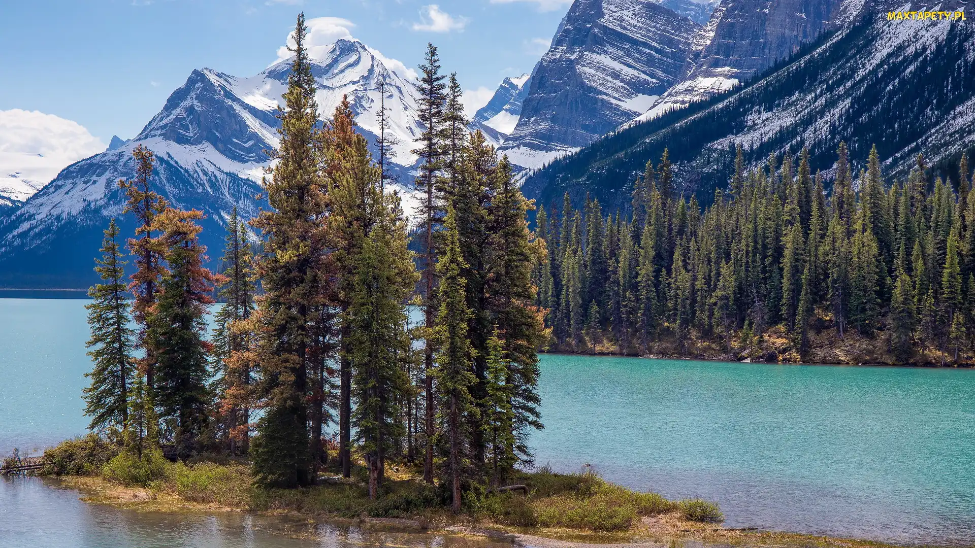 Wyspa Ducha, Jezioro Maligne, Alberta, Drzewa, Góry, Kanada, Park Narodowy Jasper