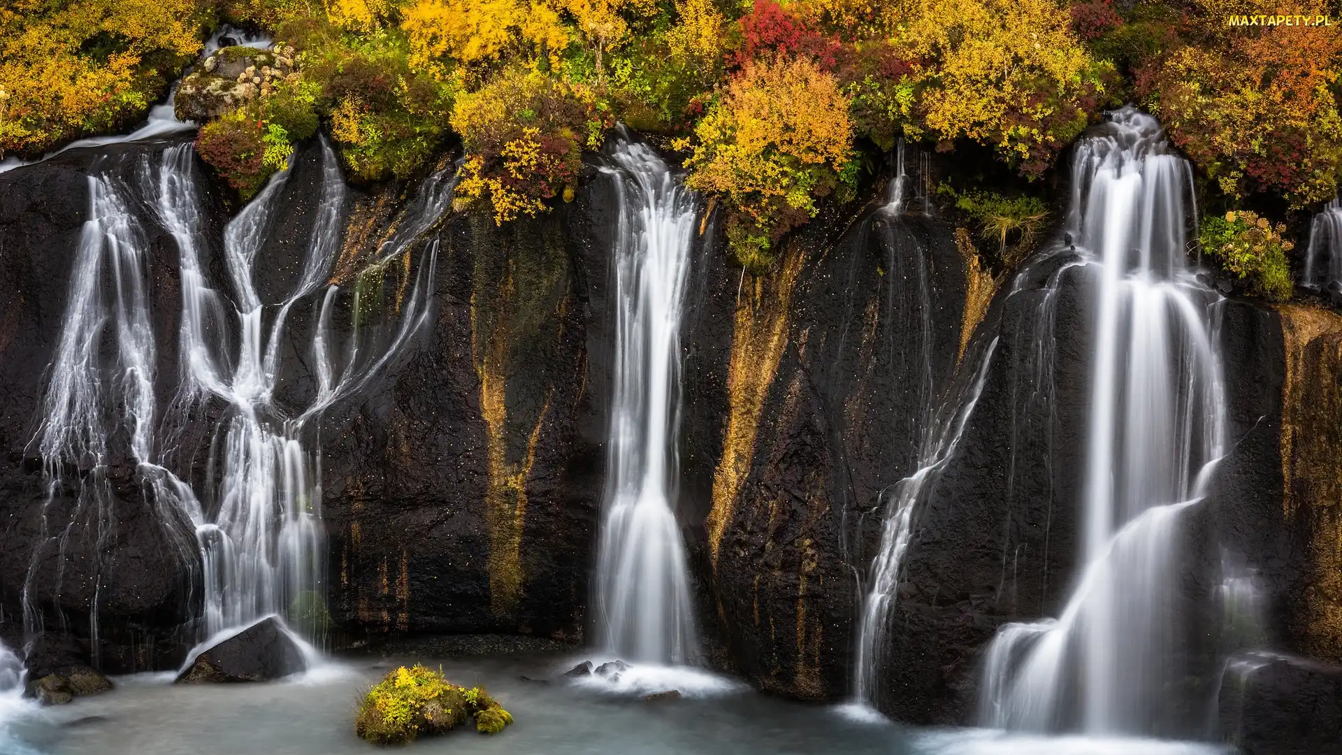 Islandia, Region Vesturland, Skały, Jesień, Wodospad Hraunfossar, Roślinność