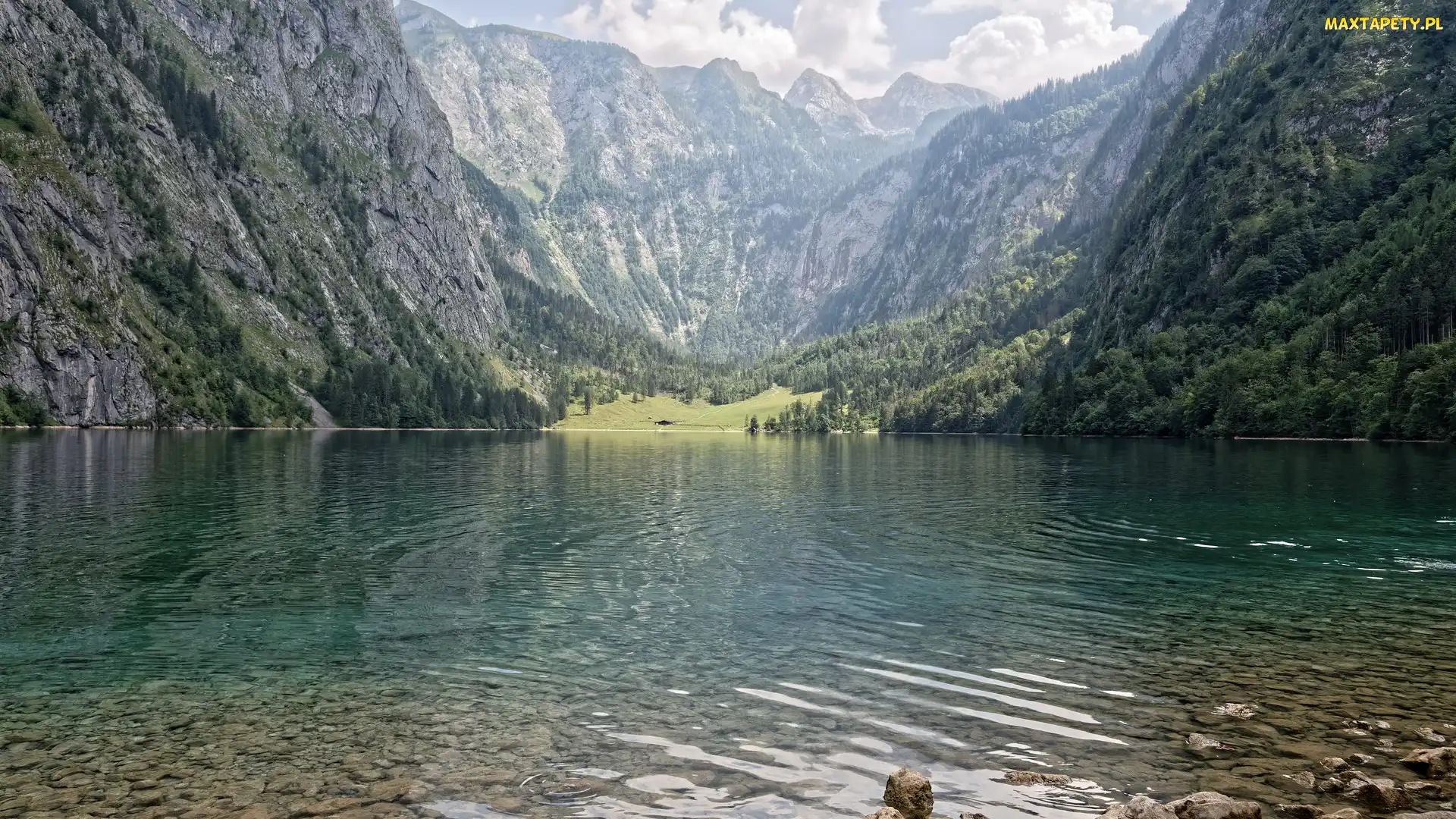 Jezioro Obersee, Góry Alpy, Niemcy, Park Narodowy Berchtesgaden, Bawaria, Lasy