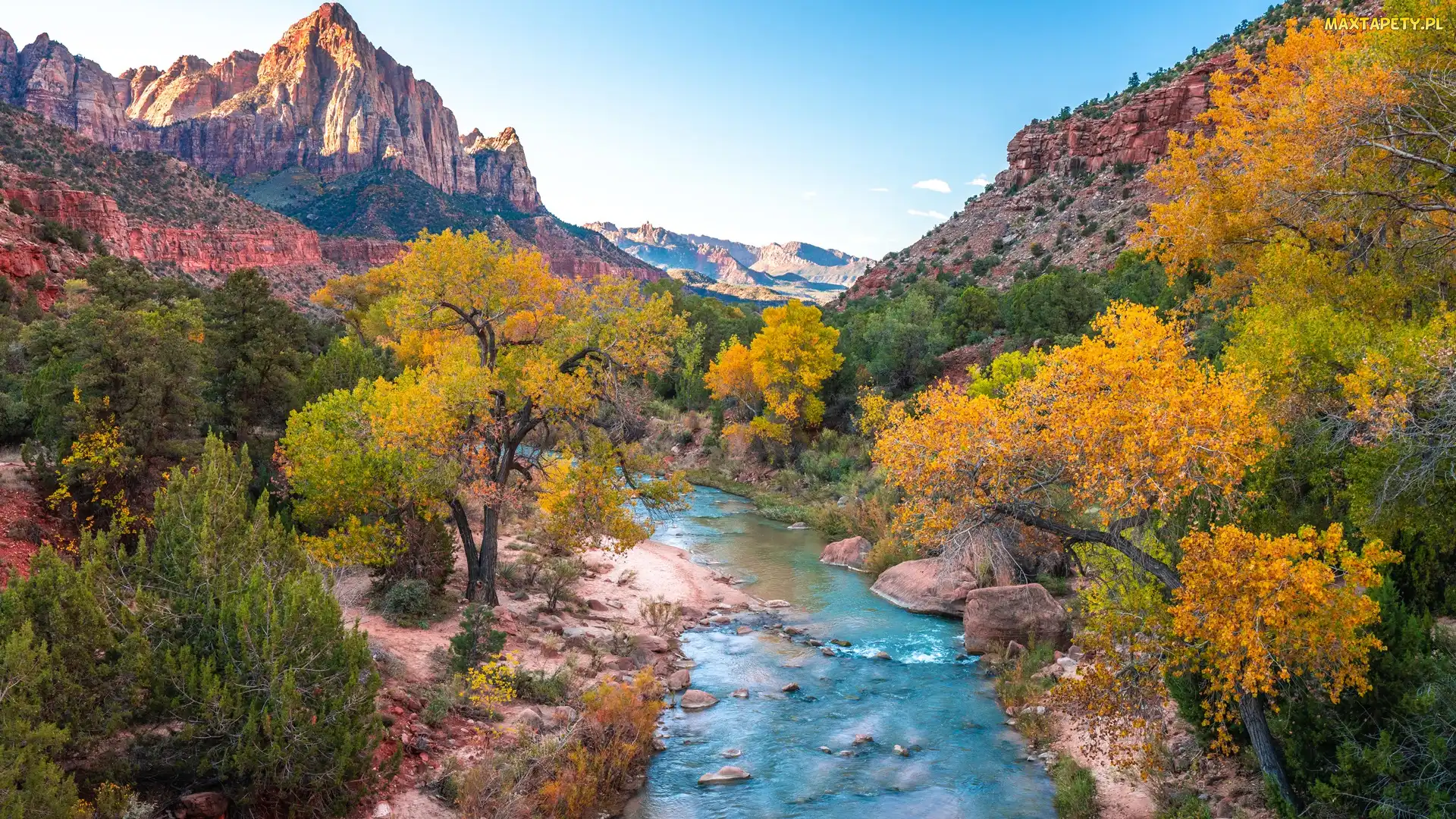 Stan Utah, Rzeka, Stany Zjednoczone, Góry Watchman, Kamienie, Park Narodowy Zion, Drzewa, Virgin River