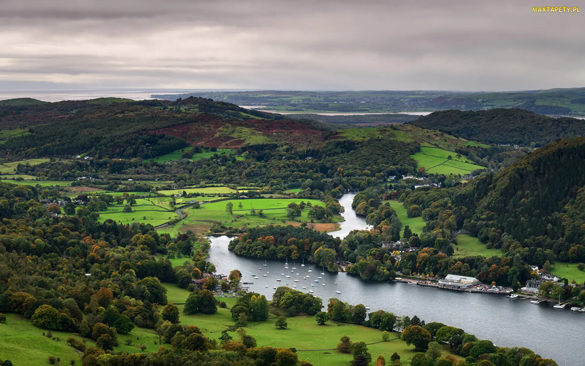 Wzgórza, Kumbria, Lake Windermere, Anglia, Drzewa, Jezioro, Gummers How, Pola, Łódki
