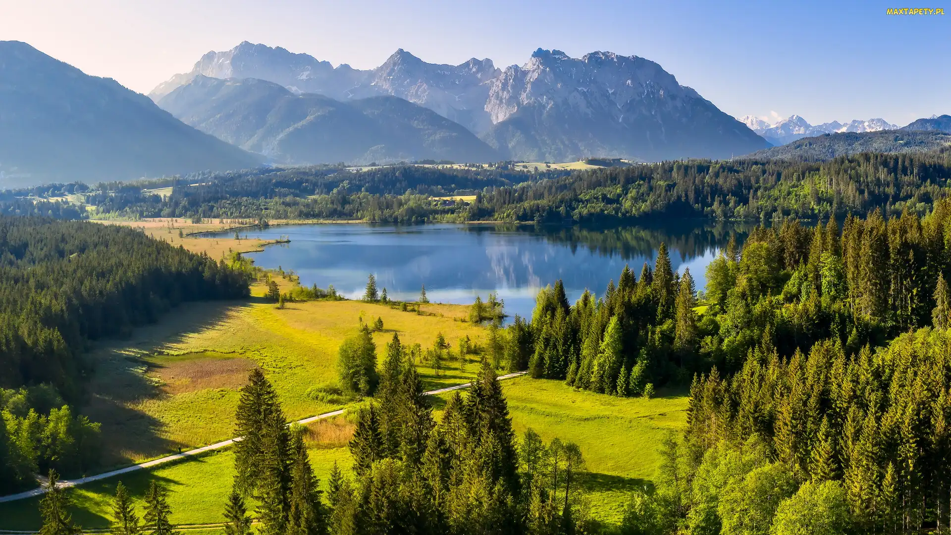Bawaria, Lasy, Góry, Niemcy, Drzewa, Jezioro Eibsee, Karwendel