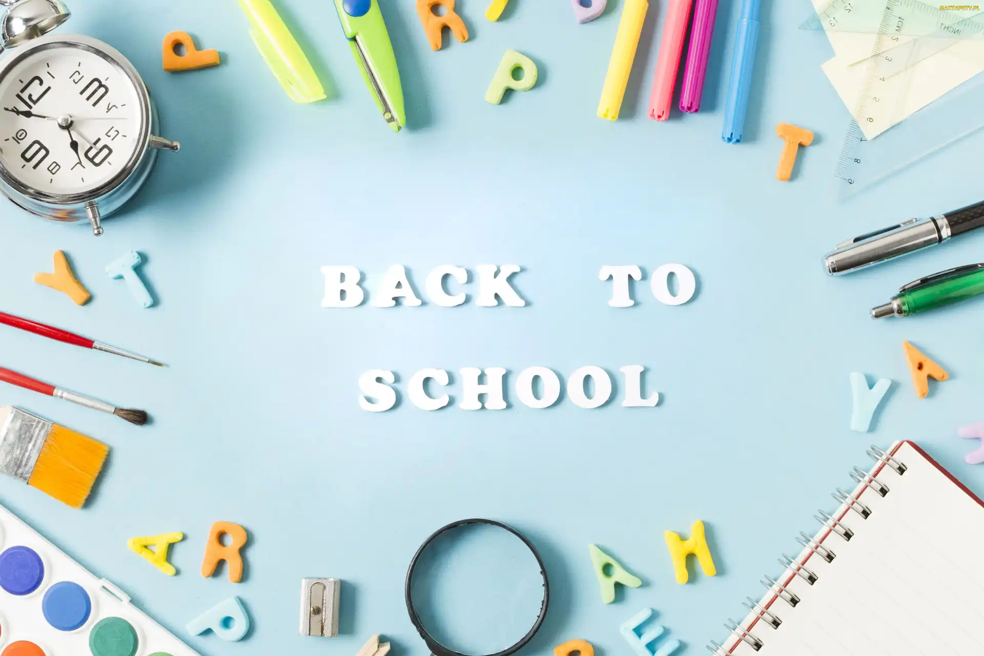 Szkolne, Napis, Back to school, Przybory, Notes, Długopisy, Pędzelki, Literki, Ekierka, Mazaki, Gumka, Budzik