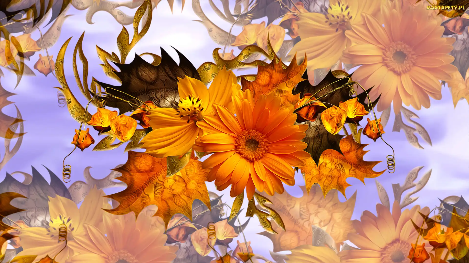Kwiaty, Grafika, Liście, Gerbera