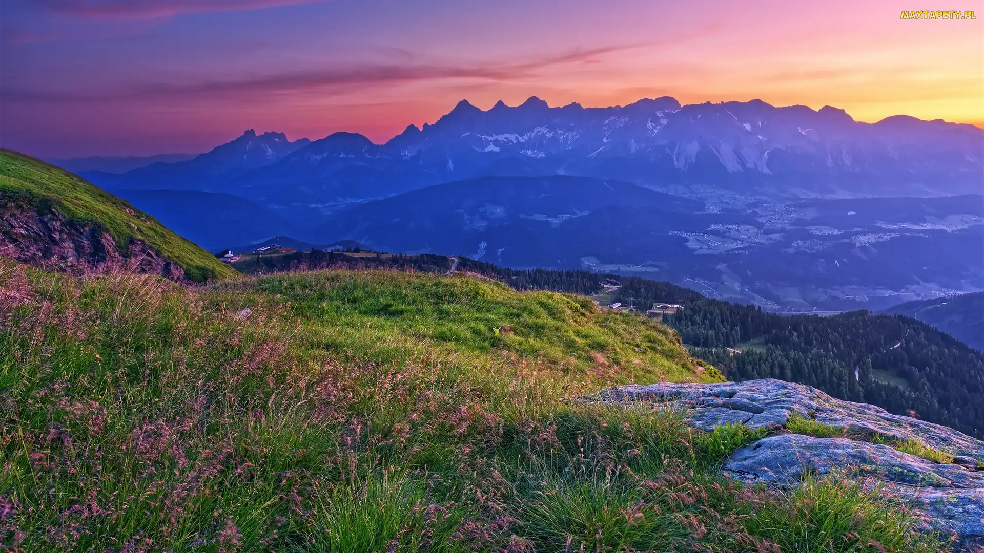 Trawa, Masyw Dachstein, Dolina, Austria, Alpy Salzburskie, Wschód słońca, Góry