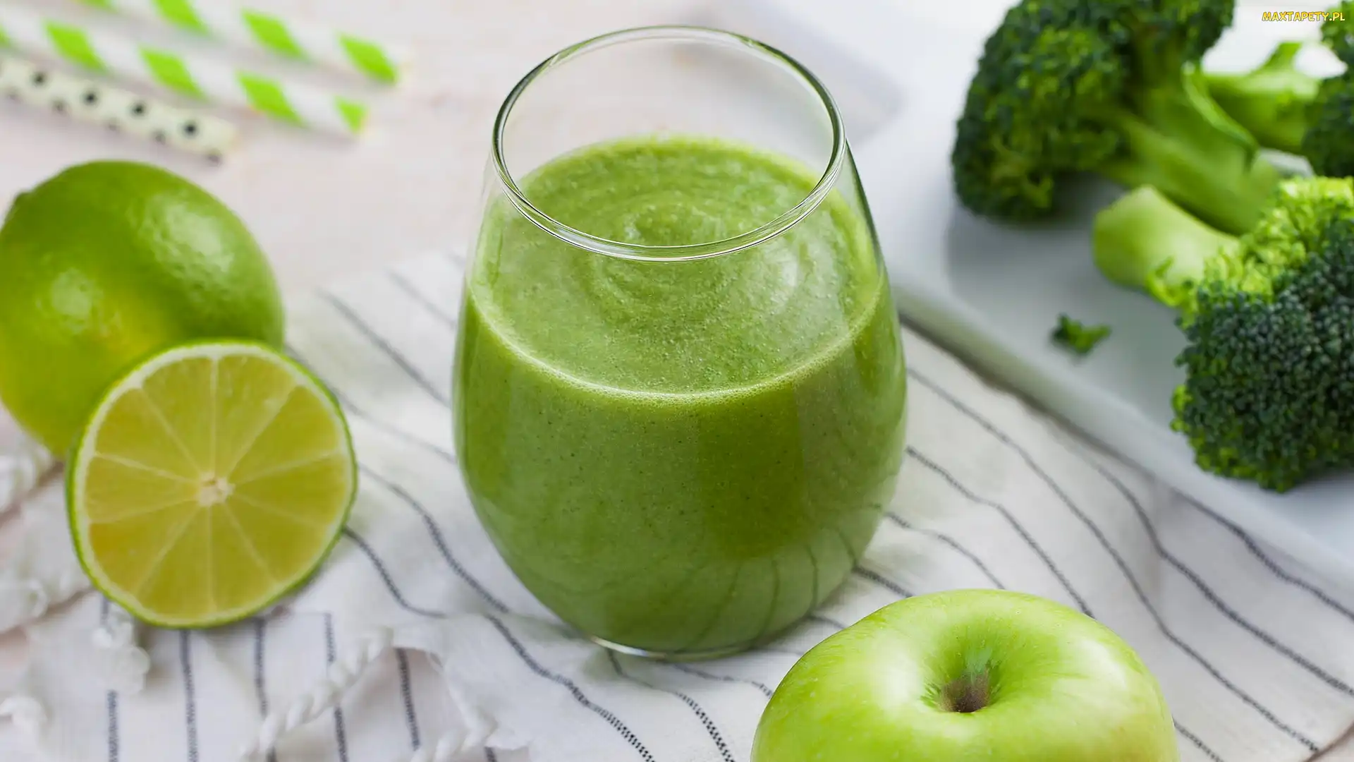 Brokuły, Jabłko, Napój, Szklanka, Smoothie, Kiwi