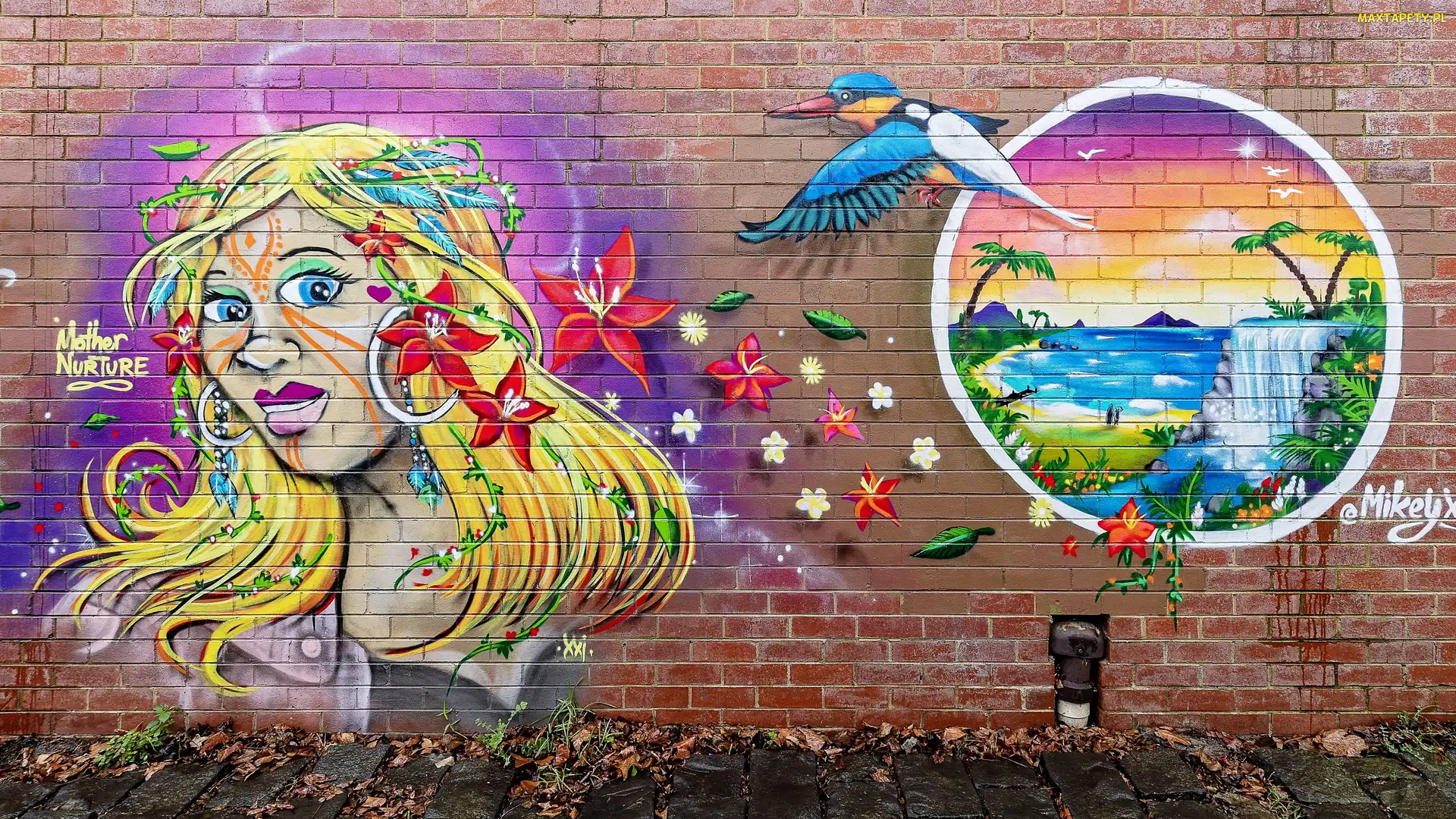 Street art, Ptak, Ściana, Kobieta