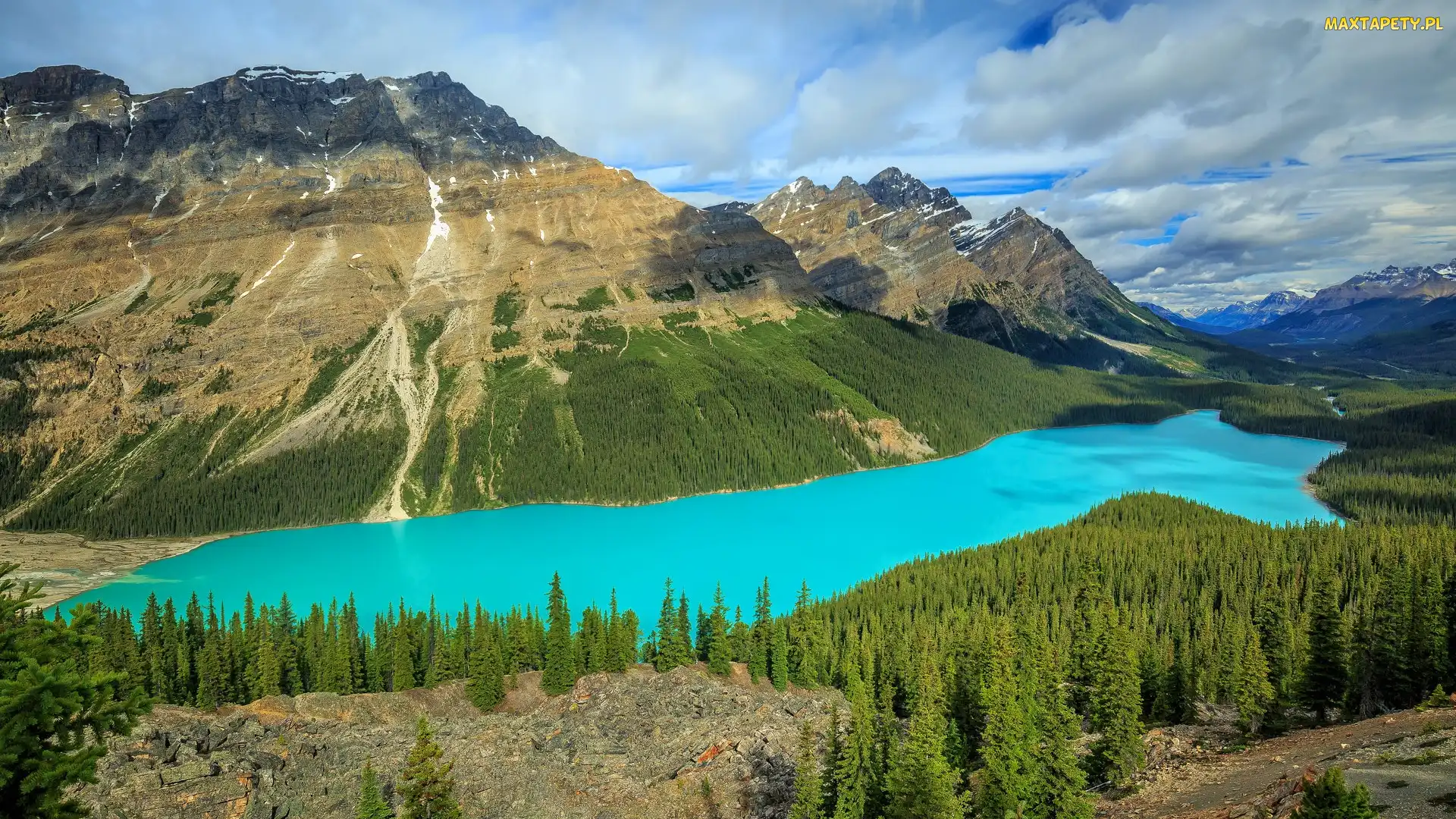 Kanada, Chmury, Drzewa, Prowincja Alberta, Peyto Lake, Jezioro, Skały, Góry, Park Narodowy Banff, Las