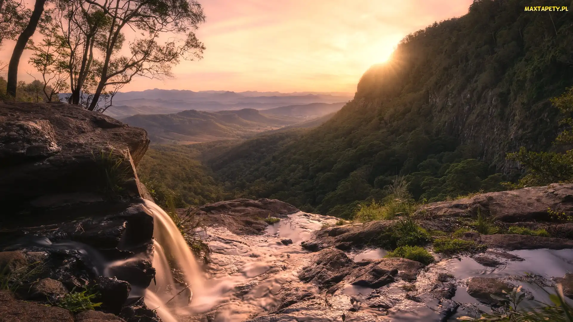 Roślinność, Wzgórza, McPherson Range, Drzewa, Wodospad Morans Falls, Queensland, Park Narodowy Lamington, Zachód słońca, Australia, Góry