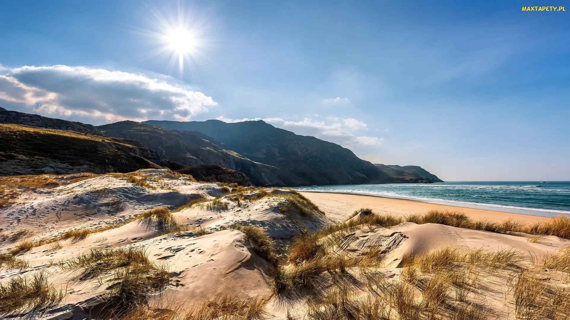Wybrzeże, Plaża, Morze, Wydmy, Hrabstwo Donegal, Promienie słońca, Irlandia, Maghera Ardara Co Donegal