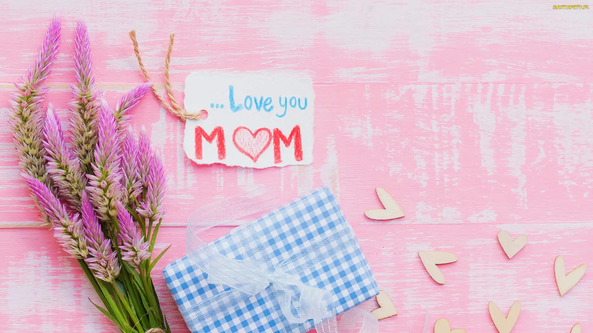 Prezent, Deski, Serduszka, Dzień Matki, Różowe, Love you Mom, Kwiaty, Zawieszka, Napis