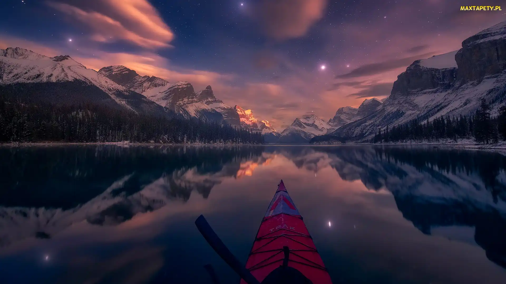 Gwiazdy, Zmierzch, Kanada, Maligne Lake, Kajak, Jezioro, Canadian Rockies, Alberta, Zima, Park Narodowy Jasper, Góry