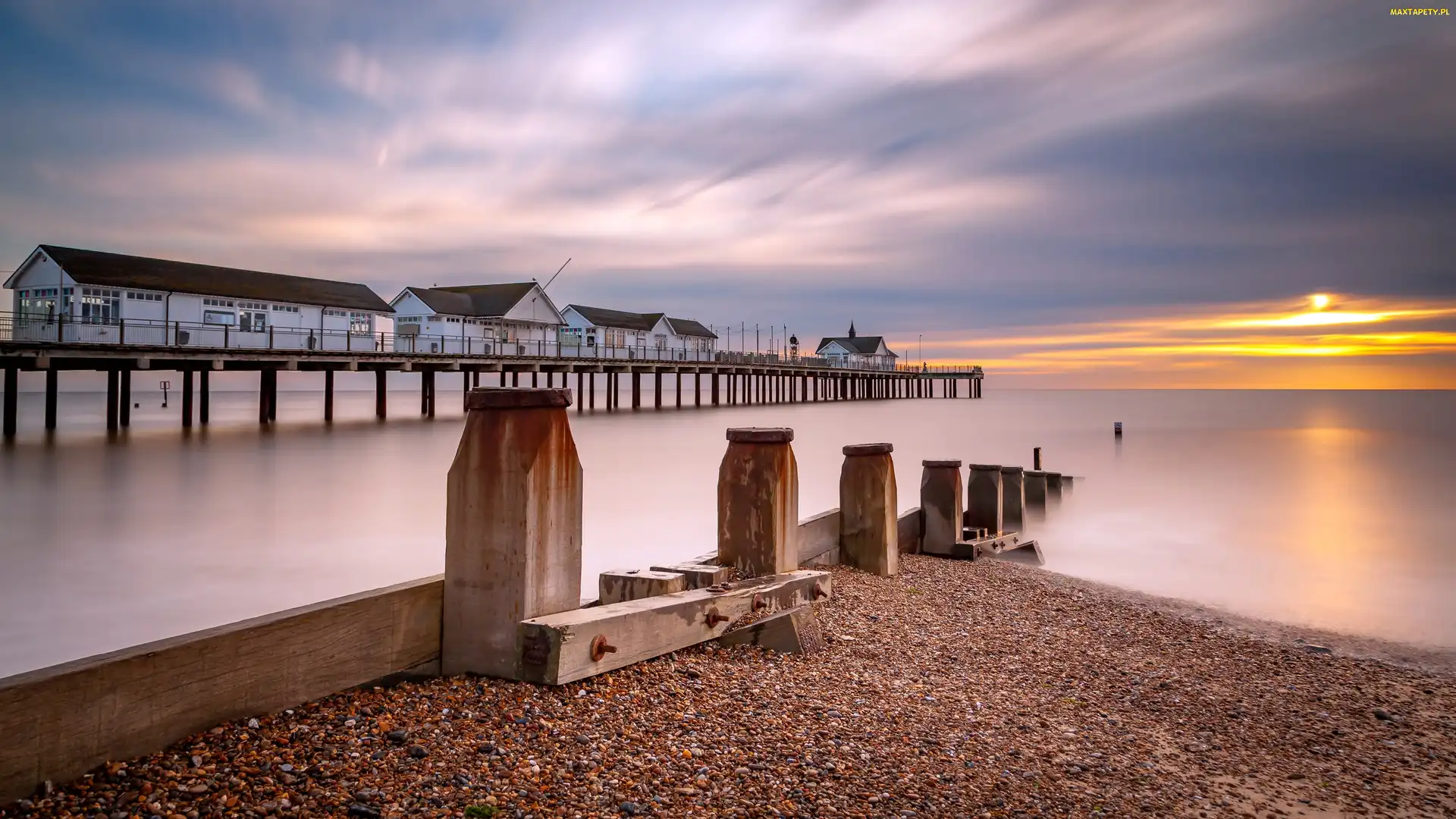 Anglia, Southwold, Zachód słońca, Molo Southwold Pier, Domki, Morze Północne