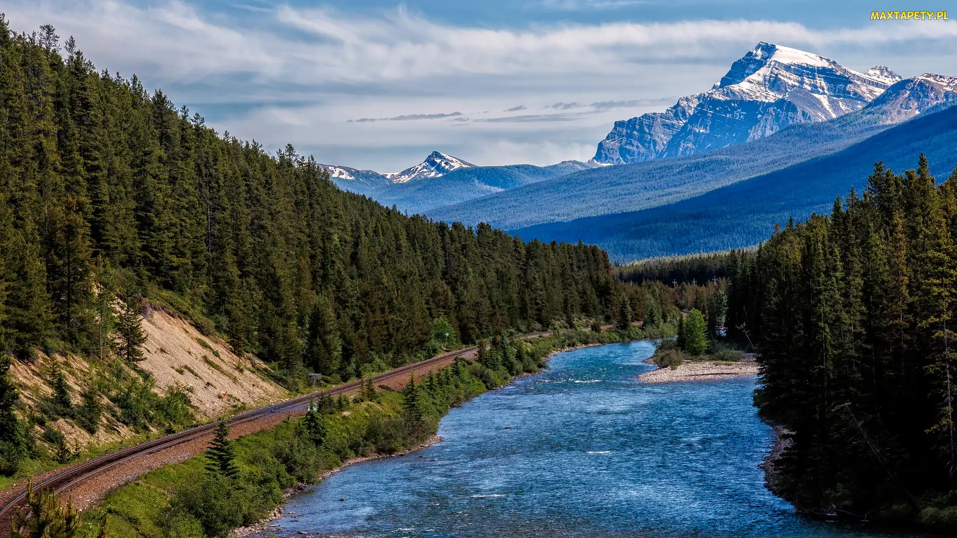 Bow River, Rzeka, Kanada, Ośnieżone, Szczyty, Góry Skaliste, Drzewa, Alberta, Park Narodowy Banff, Tory kolejowe, Las
