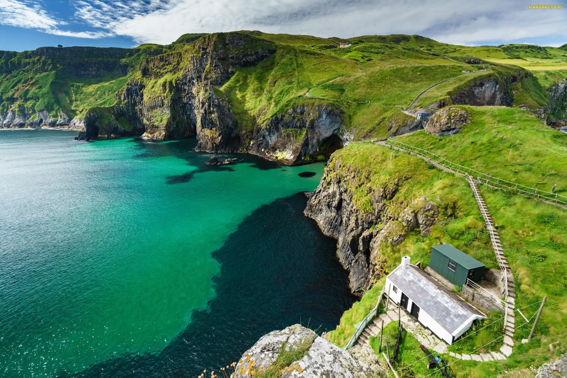 Wybrzeże, Hrabstwo Antrim, Irlandia Północna, Domy, Morze, Klify, Skały, Ballintoy