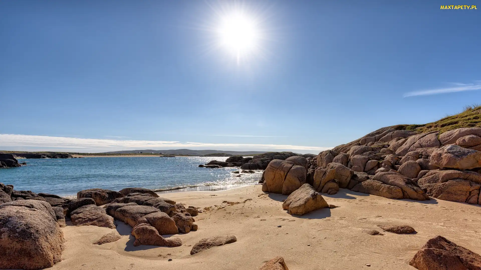 Plaża, Kamienie, Morze, Skały, Hrabstwo Donegal, Keadue Beach, Irlandia, Promienie słońca