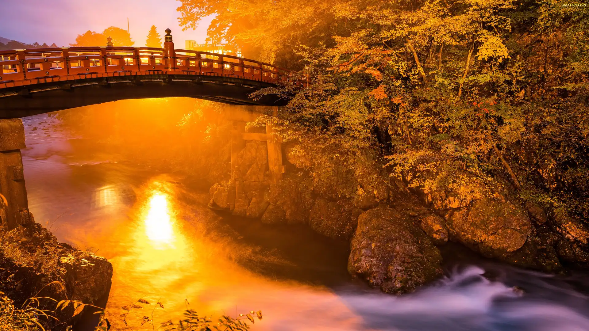 Most, Skały, Zachód słońca, Rzeka, Nikko, Shinkyo Bridge, Japonia, Roślinność