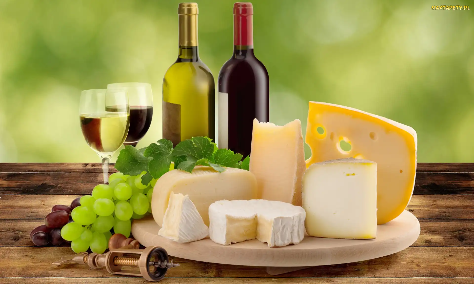 Winogrona, Sery, Wino, Kompozycja, Deska, Butelki, Kieliszki