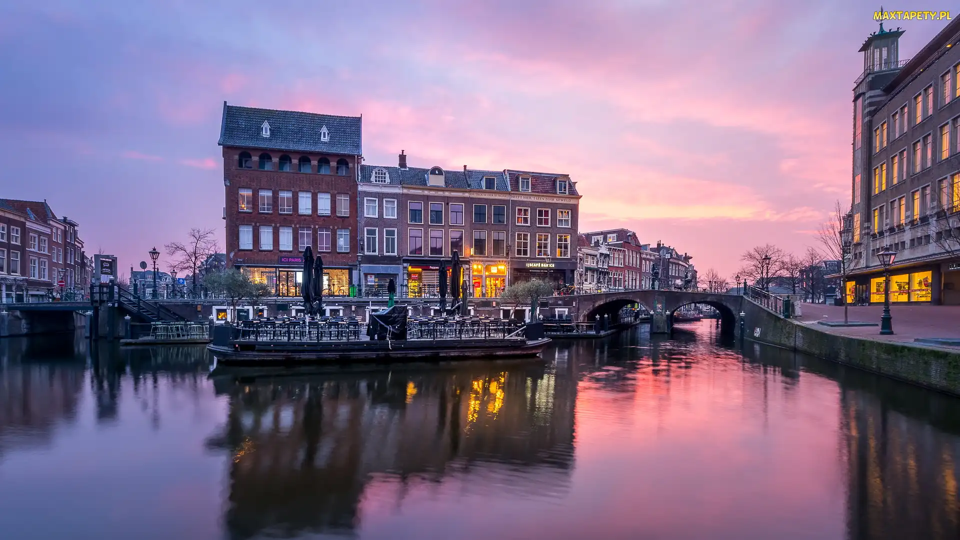 Holandia, Amsterdam, Domy, Poranek, Kanał, Most