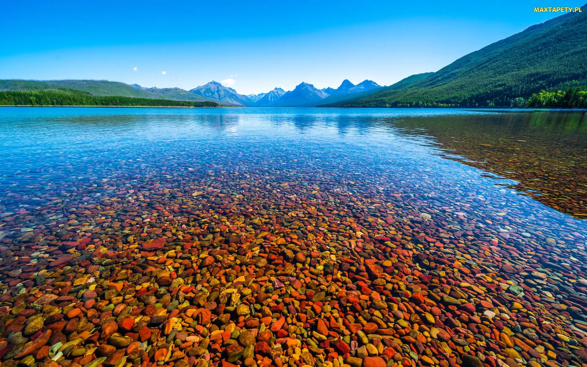 Stan Montana, Lake McDonald, Stany Zjednoczone, Jezioro, Kolorowe, Park Narodowy Glacier, Kamienie, Wzgórza