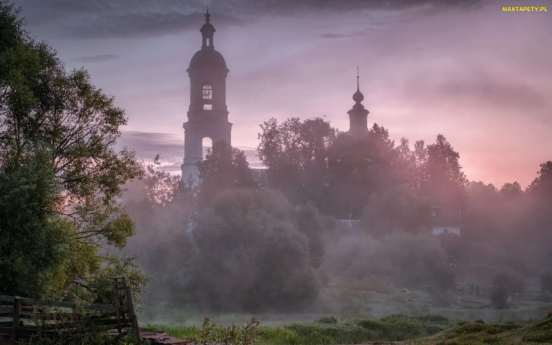 Drzewa, Mgła, Poranek, Cerkiew