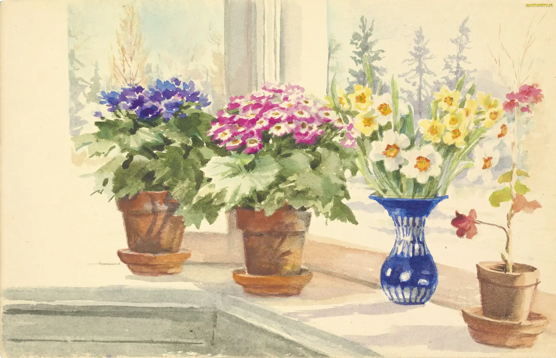 Malarstwo, Kwiaty, Obraz, Olga Aleksandrowna Romanowa, Wazon, Akwarela, Okno, Doniczki