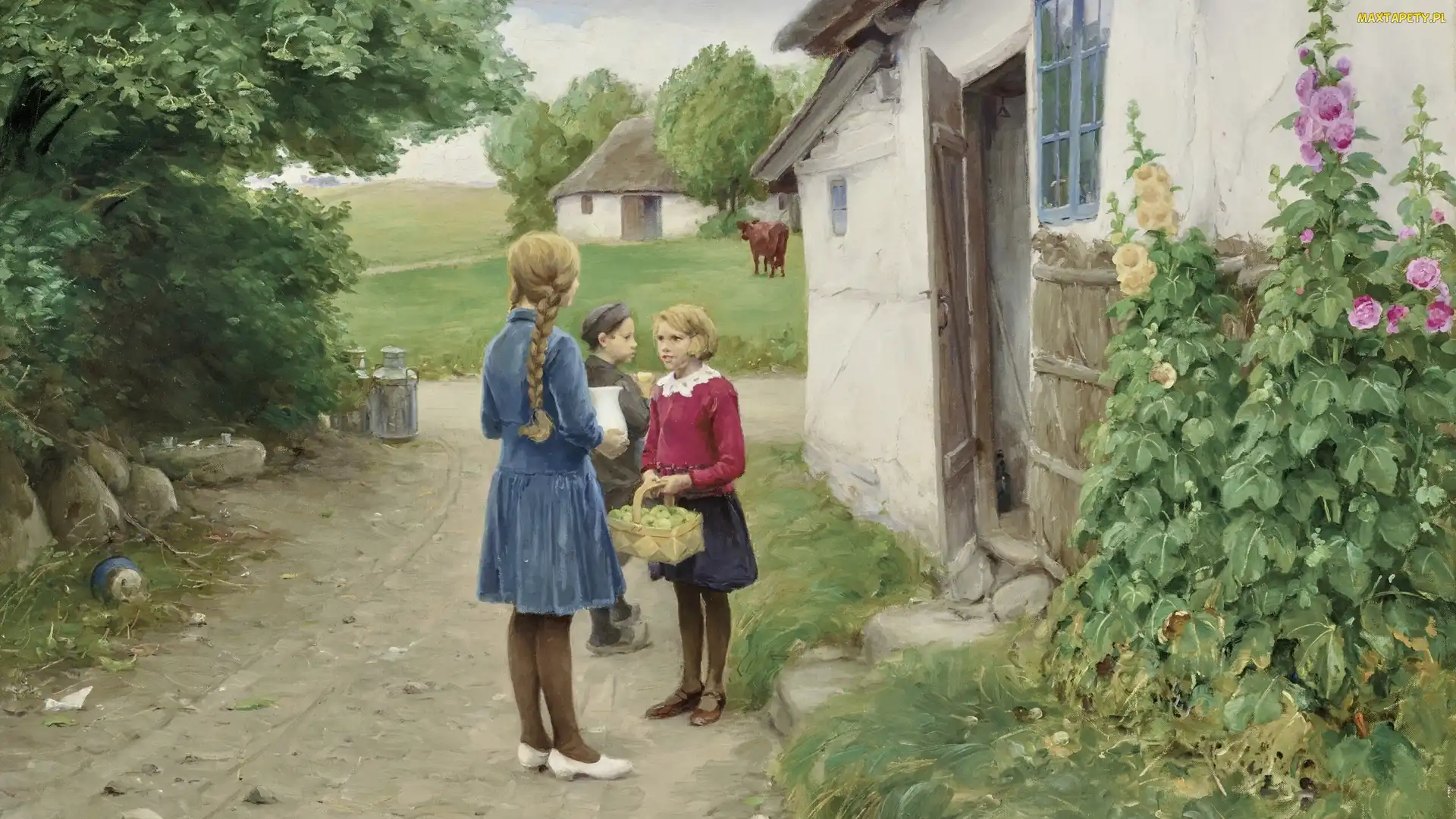 Drzewa, Kwiaty, Dom, Malwy, Hans Andersen Brendekilde, Malarstwo, Dzieci, Wieś, Obraz, Droga