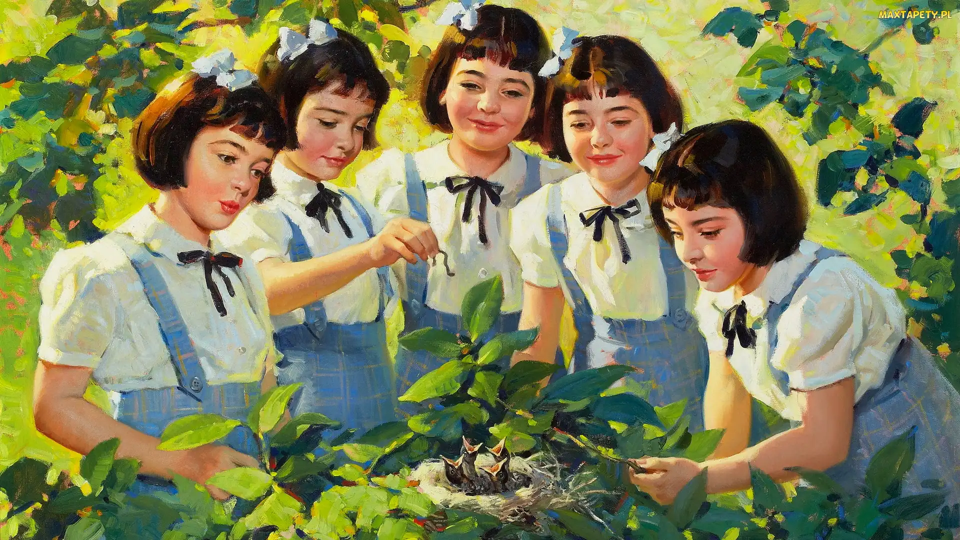 Malarstwo, Obraz, Gniazdo, Dziewczynki, Pisklęta, Andrew Loomis