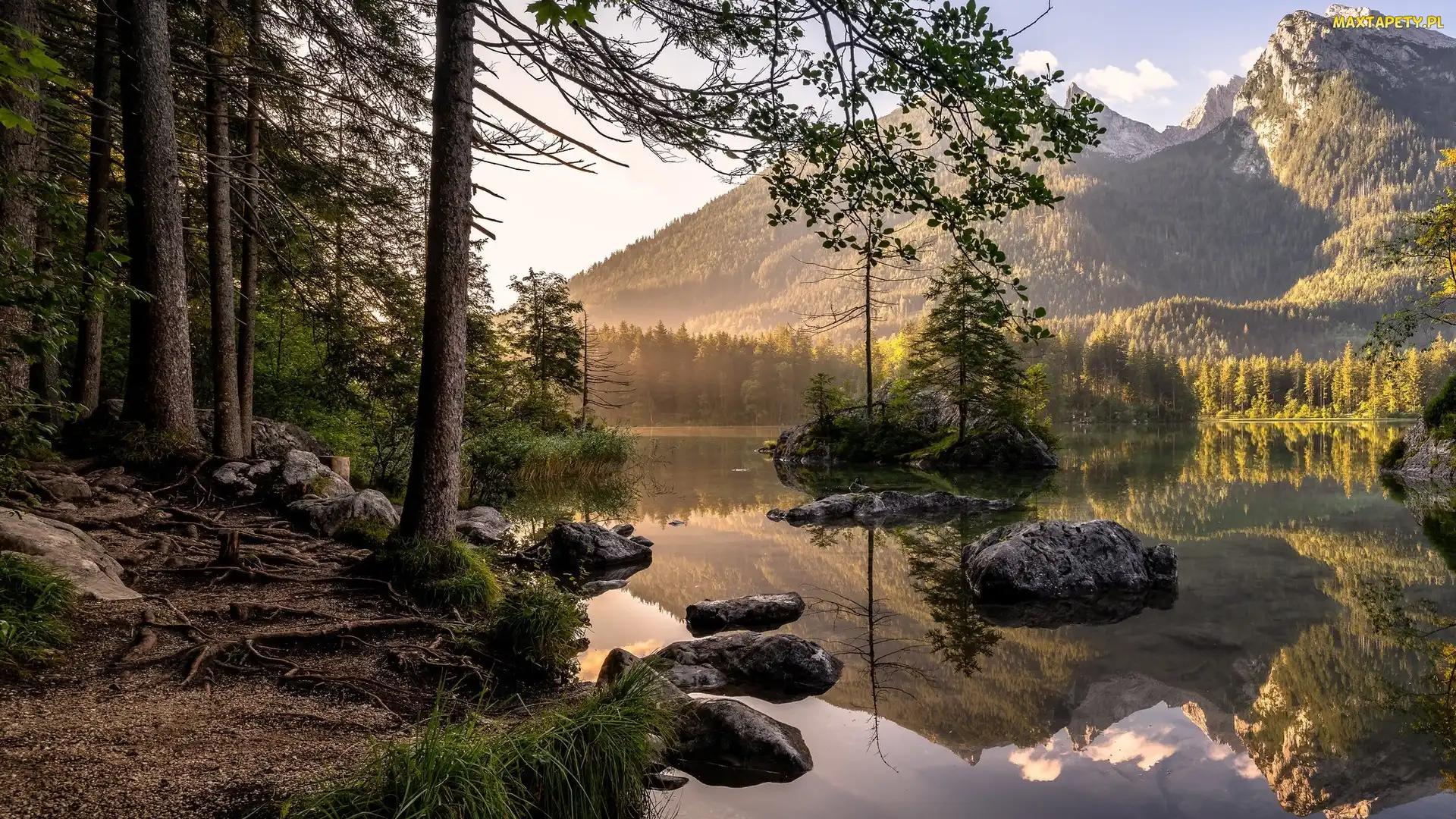 Skały, Jezioro Hintersee, Bawaria, Drzewa, Alpy, Niemcy, Góry