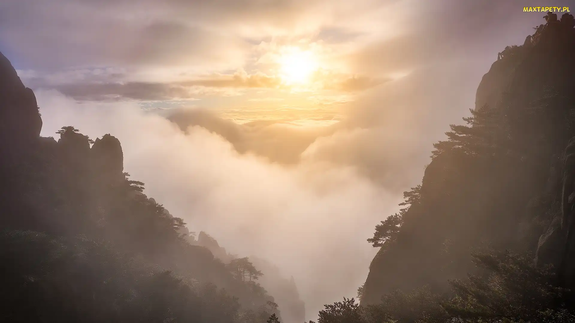 Prowincja Anhui, Mgła, Huang Shan, Chiny, Morze mgieł, Góry, Wschód słońca